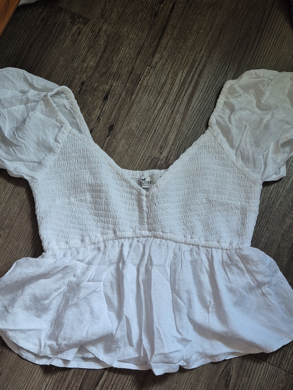 Hollister White Smocked Puff-Sleeve Peplum Top